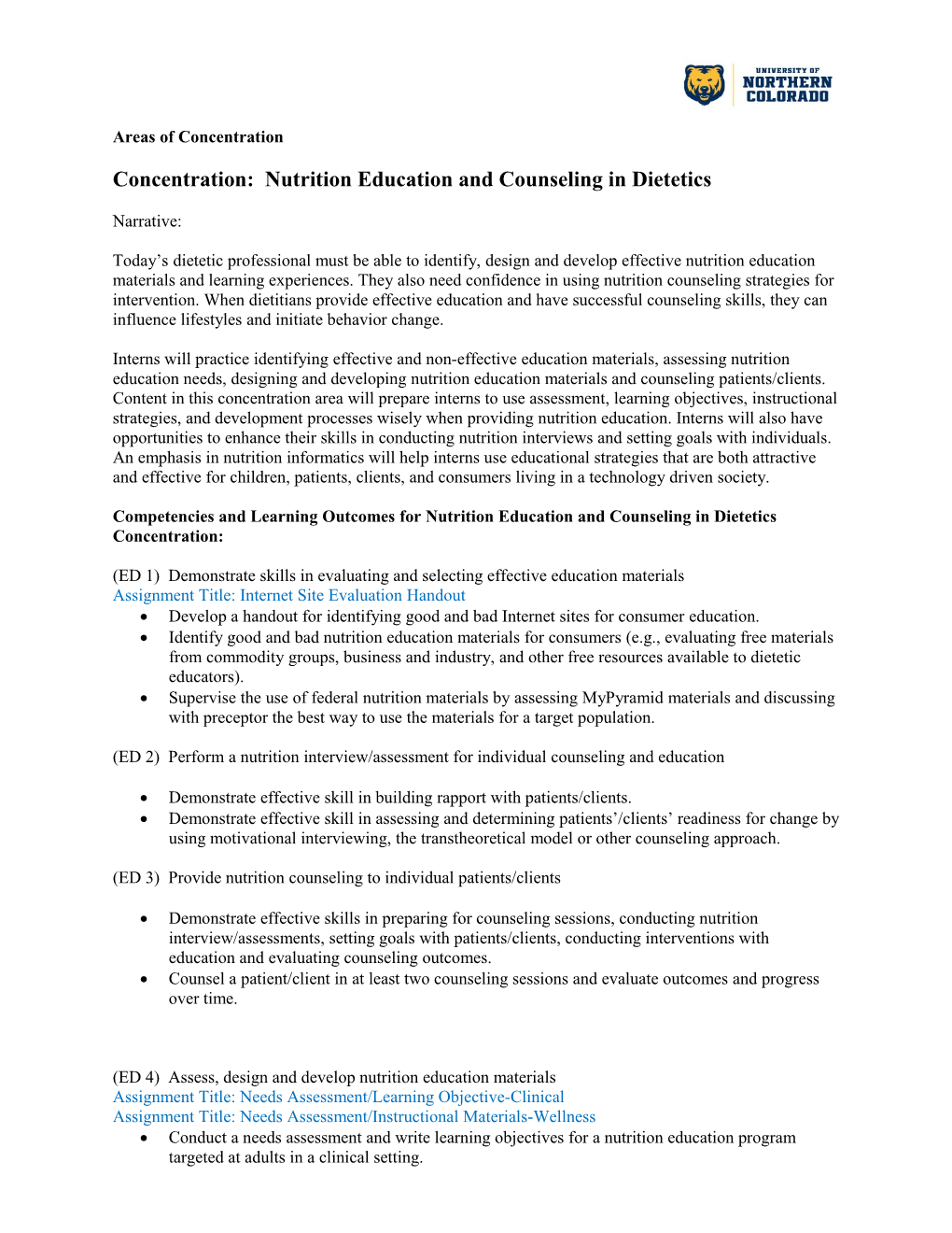 Concentration: Nutrition Education and Counseling in Dietetics