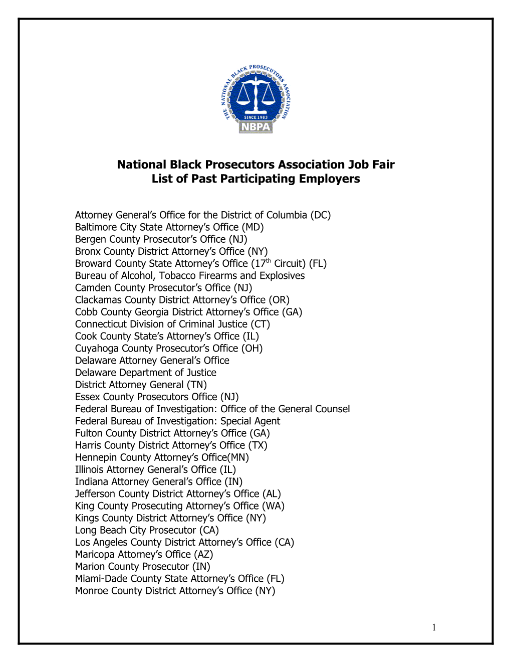 NBPA 2005 Job Fair- List of Participating Employers