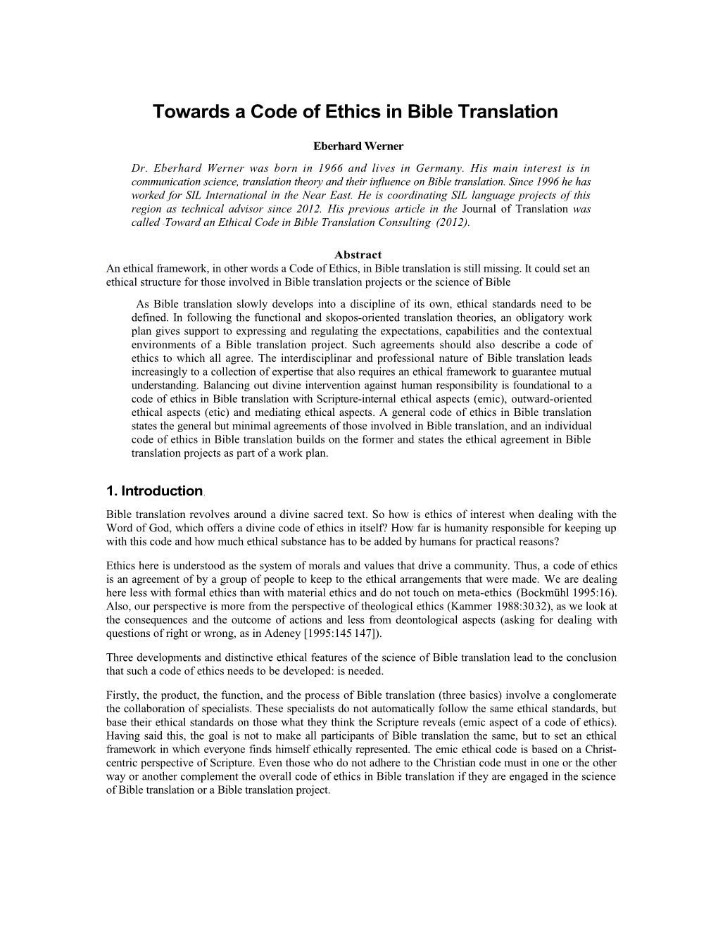 Towards a Code of Ethics in Bible Translation