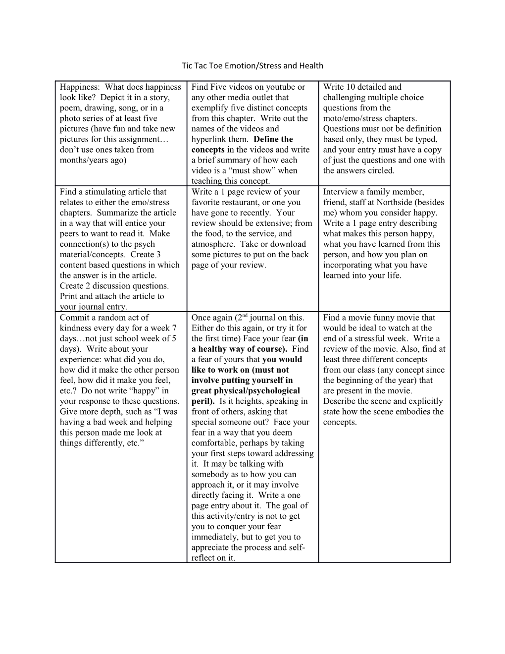 Tic Tac Toe Emotion/Stress and Health