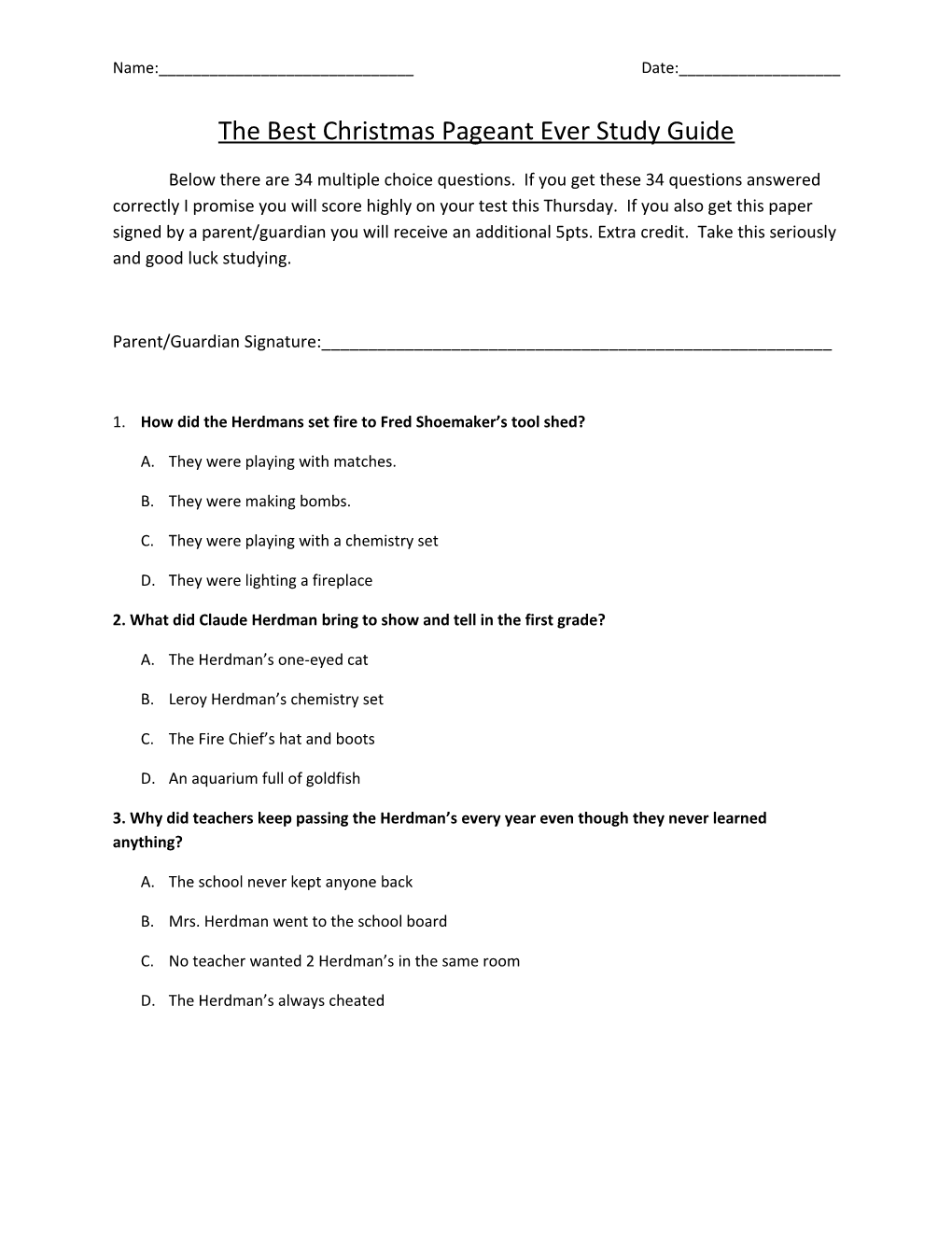 The Best Christmas Pageant Ever Study Guide