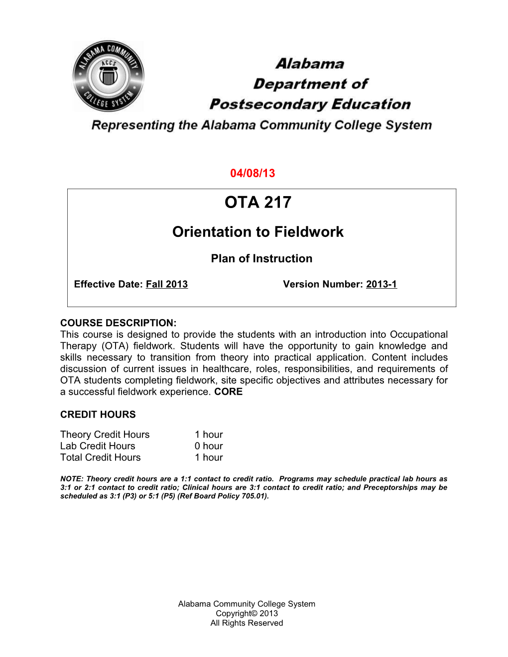 OTA 217 Orientation to Fieldwork