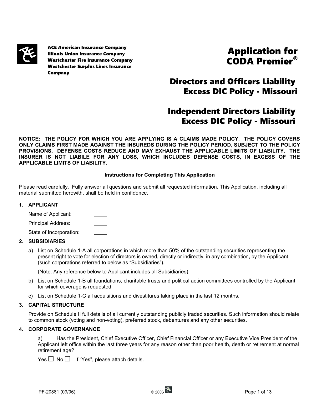 CODA Premier IDL Excess DIC - Application (MO)