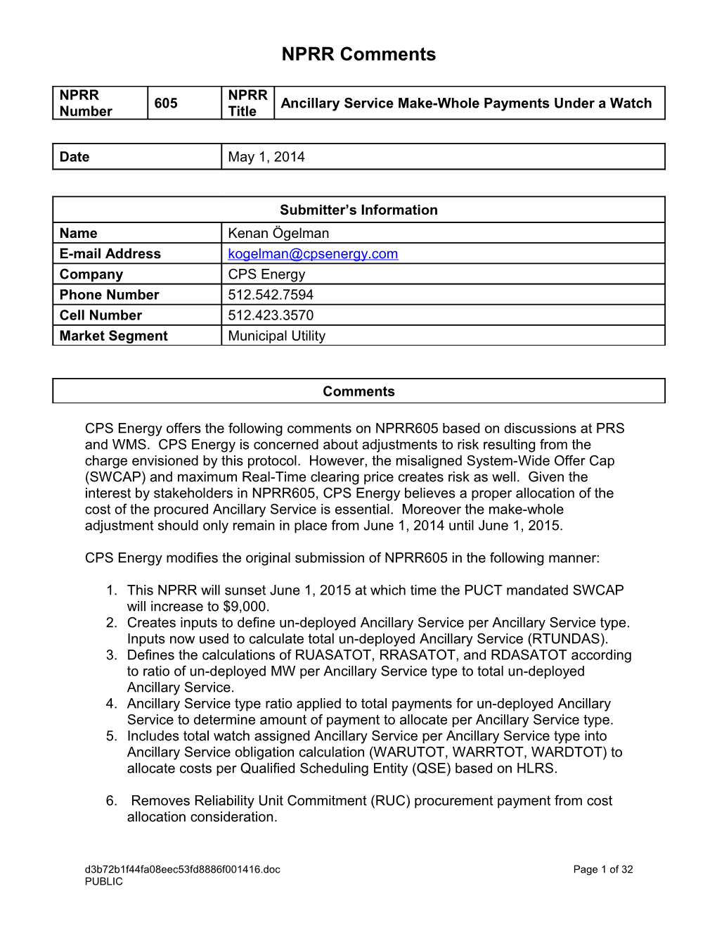 CPS Energy Modifies the Original Submission of NPRR605 in the Following Manner