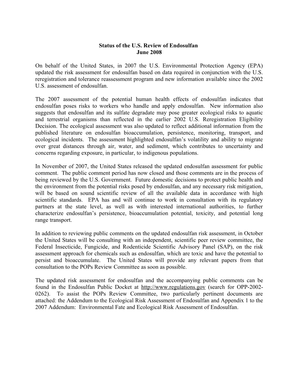 USEPA Statement on Status of Review of Endosulfan