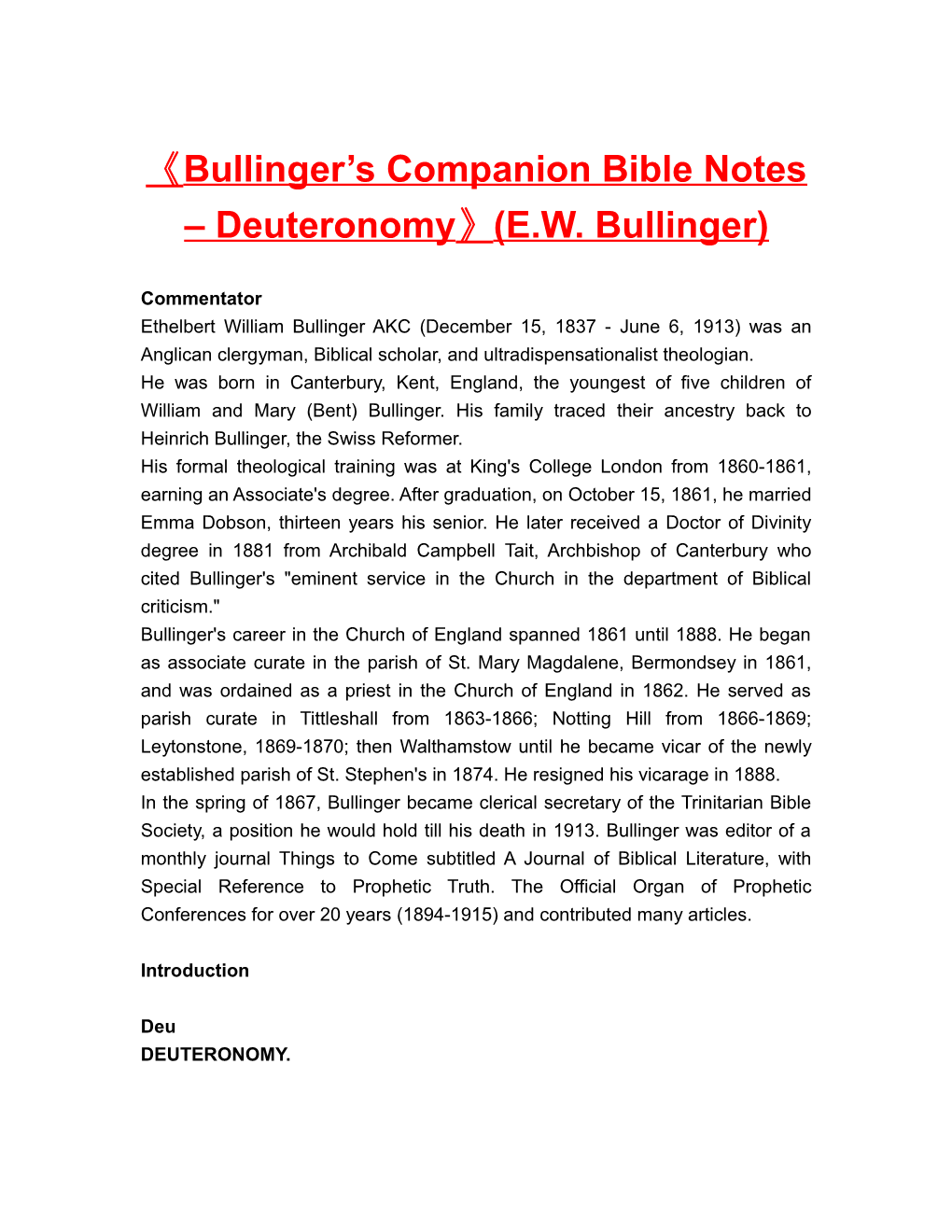 Bullinger S Companion Bible Notes Deuteronomy (E.W. Bullinger)