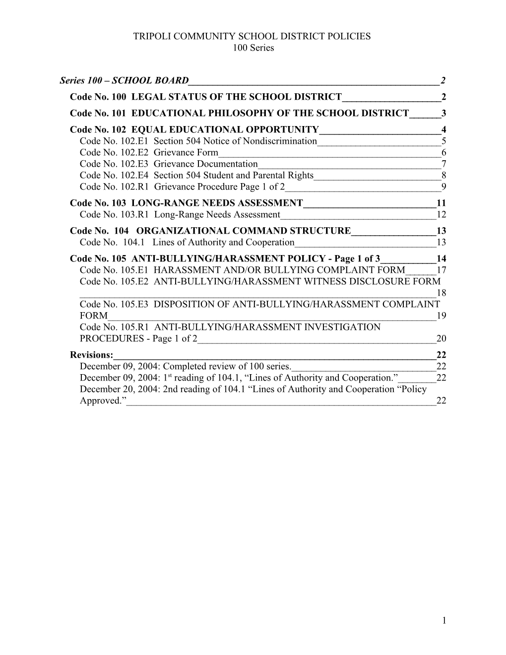 Tripoli Community School District Policies