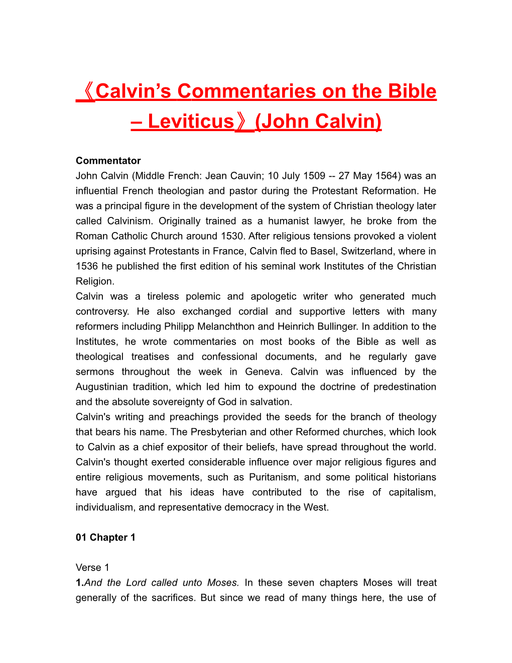 Calvin Scommentaries on the Bible Leviticus (John Calvin)