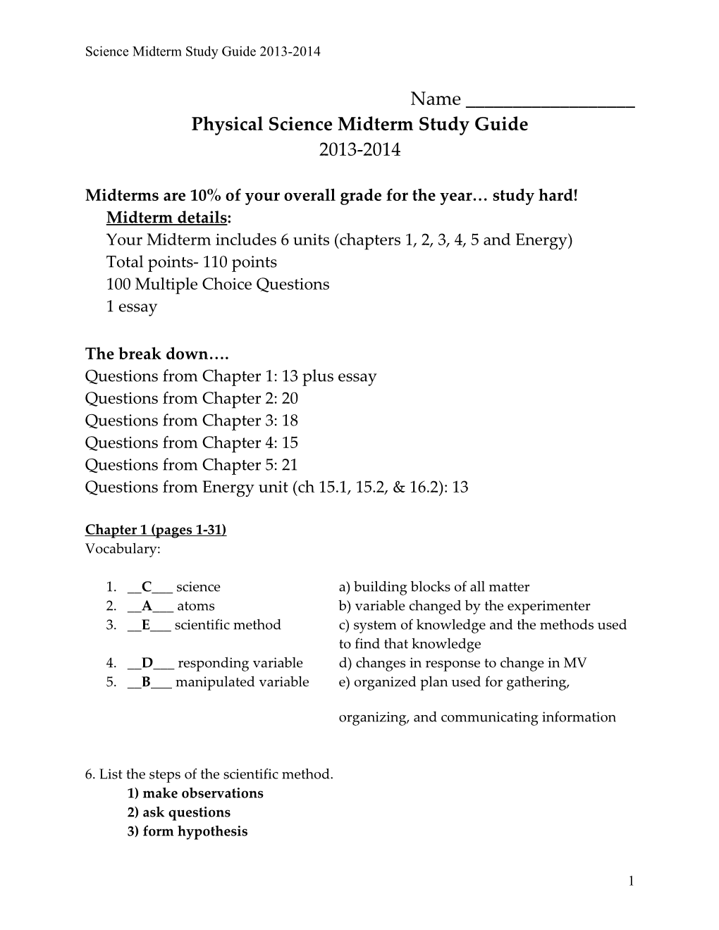 Physical Science Midterm Study Guide