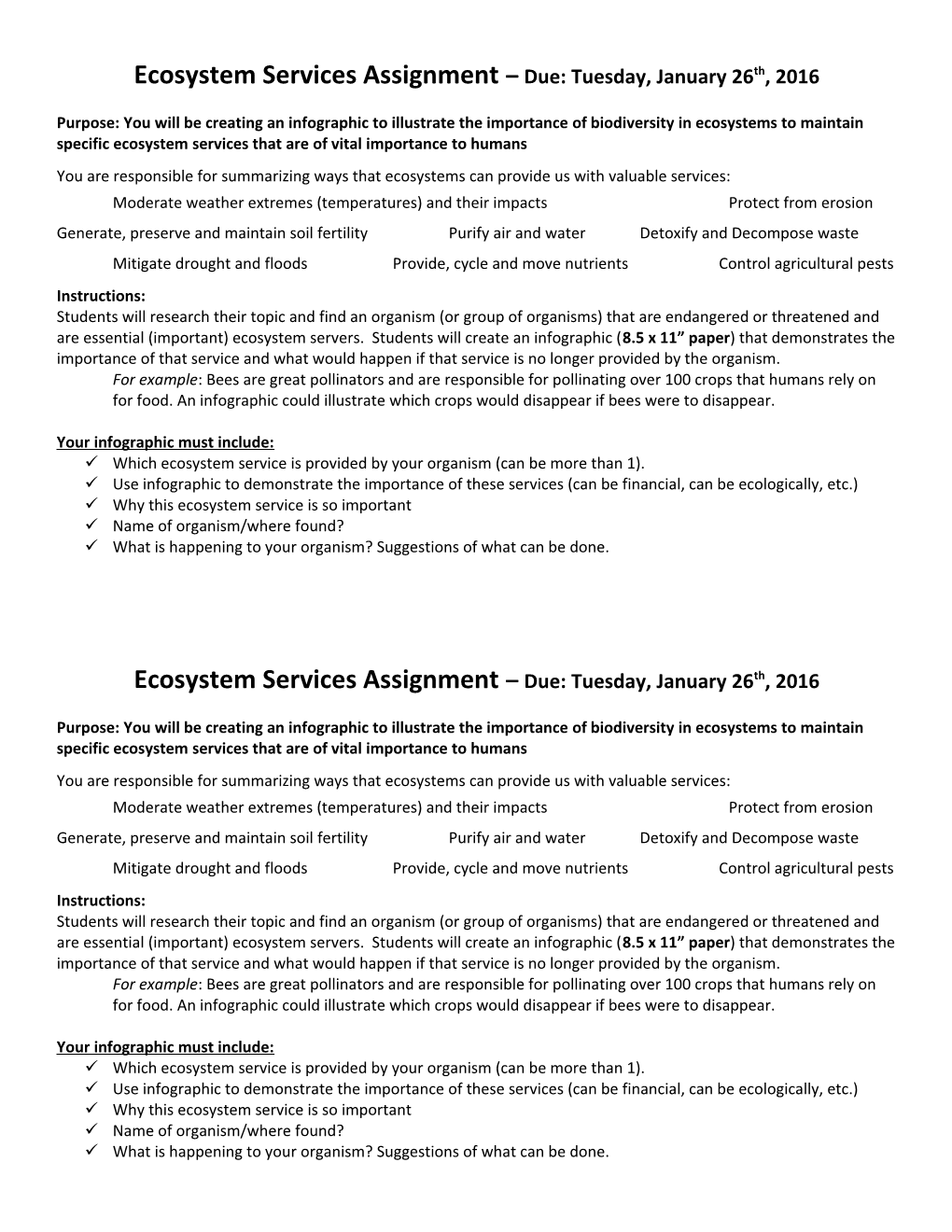 Ecosystem Services Assignment Due: Tuesday, January 26Th, 2016