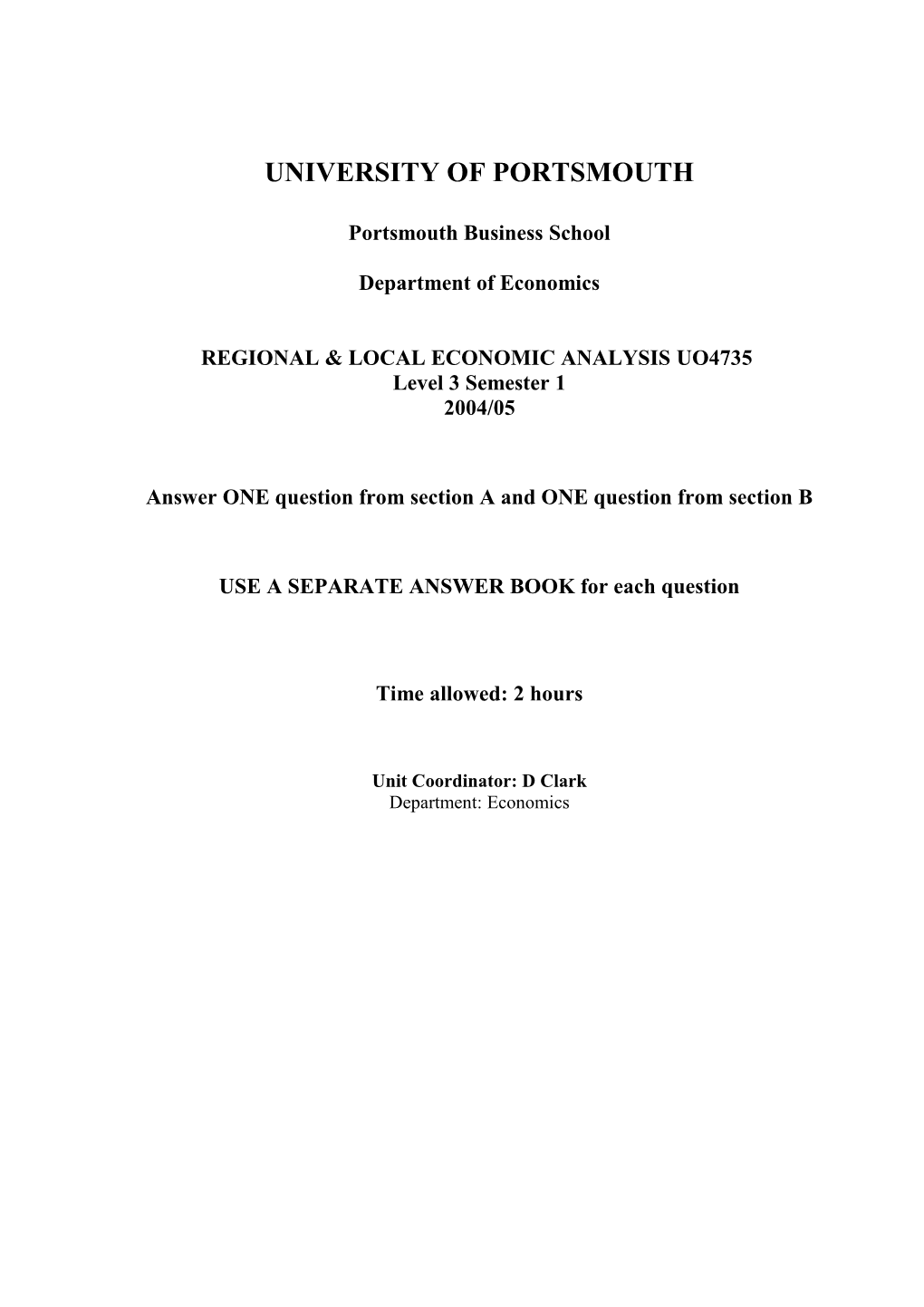 Regional & Local Economic Analysis Exam 2004/5