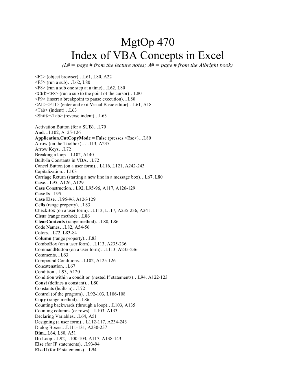 Index of VBA Concepts in Excel