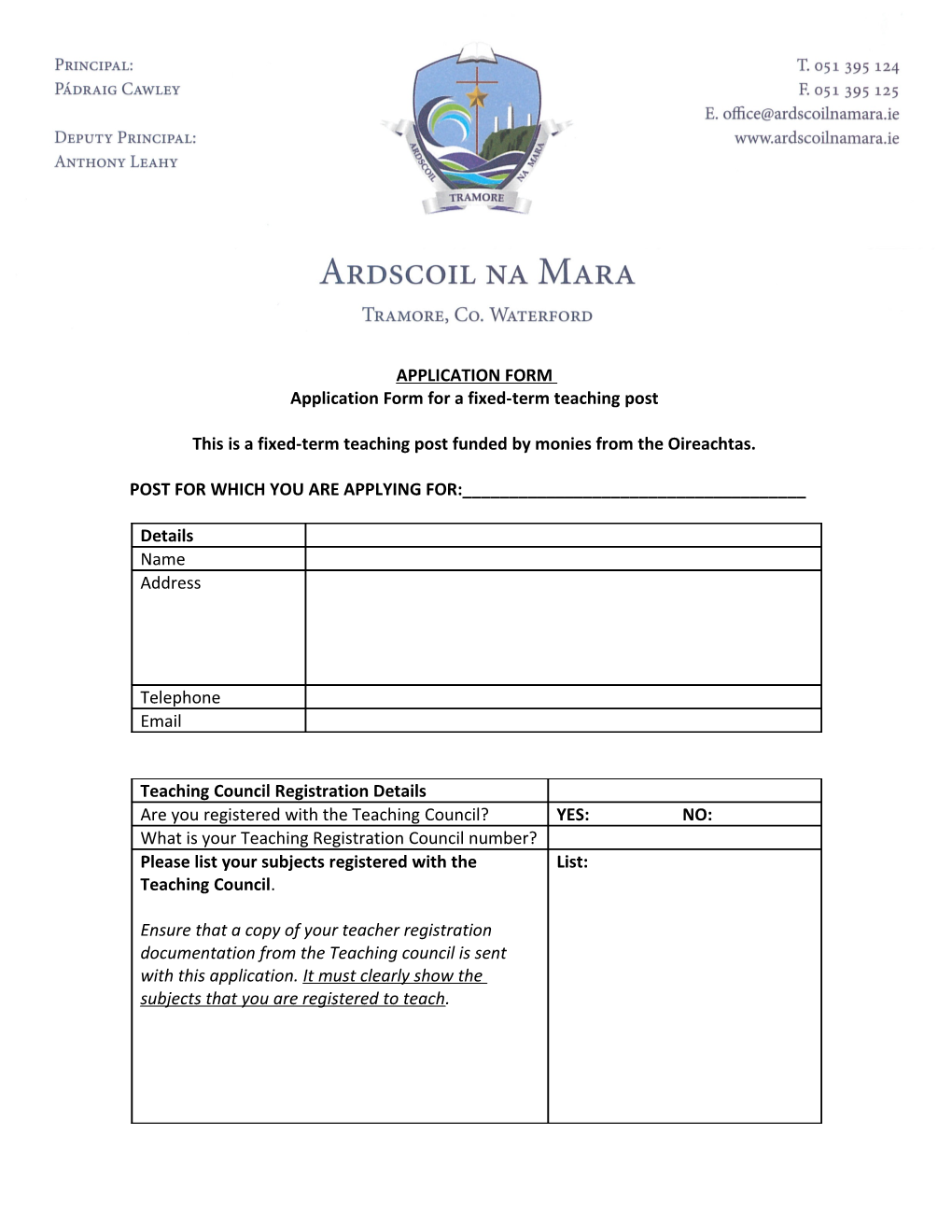 Application Form for a Fixed-Termteaching Post