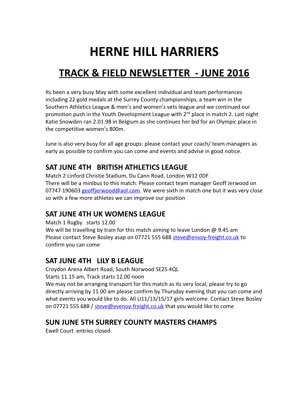 Herne Hill Harriers Track & Field Newsletter June 2016