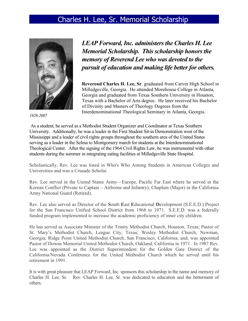 Charles H. Lee, Sr. Memorial Scholarship