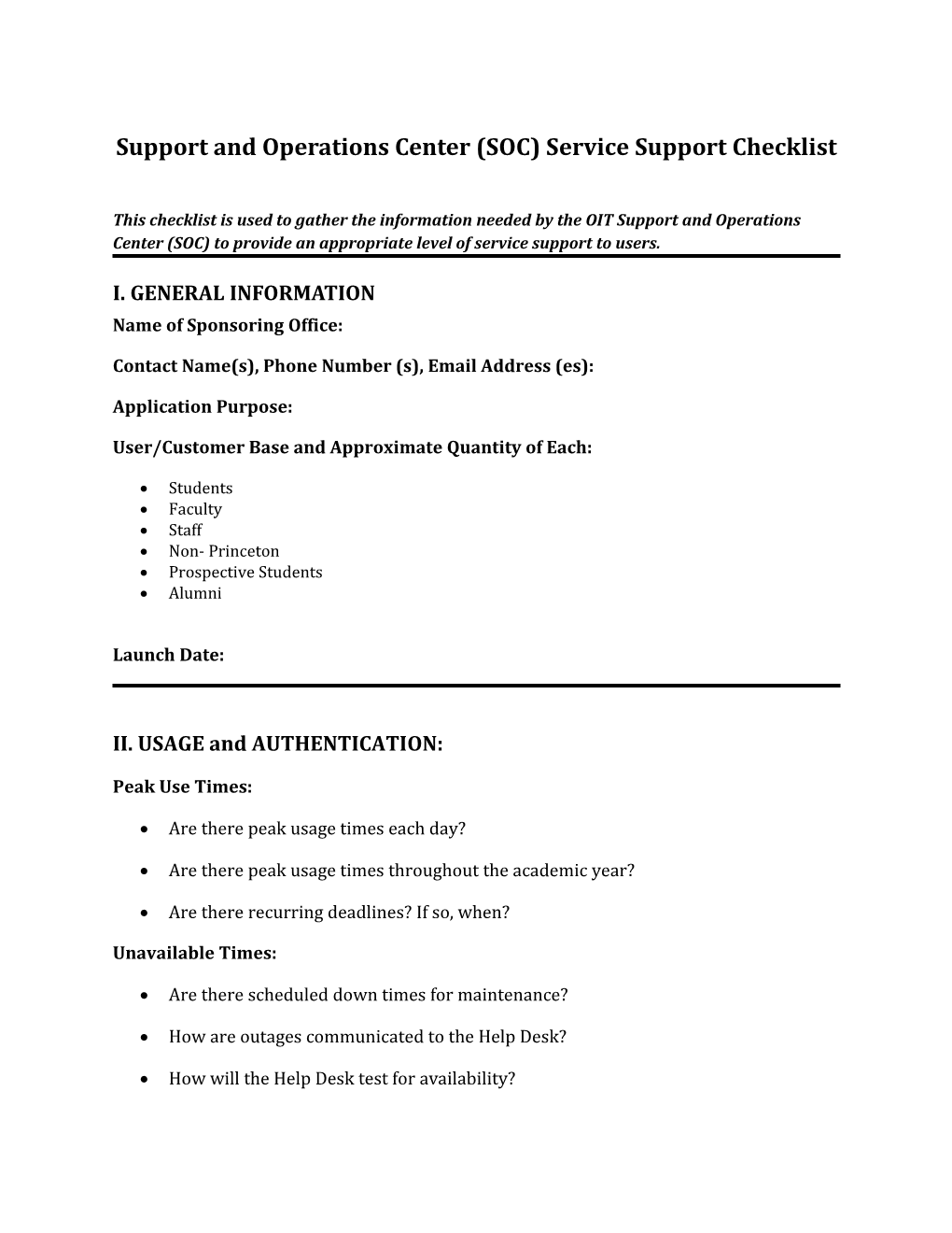 SOC Service Support Checklist