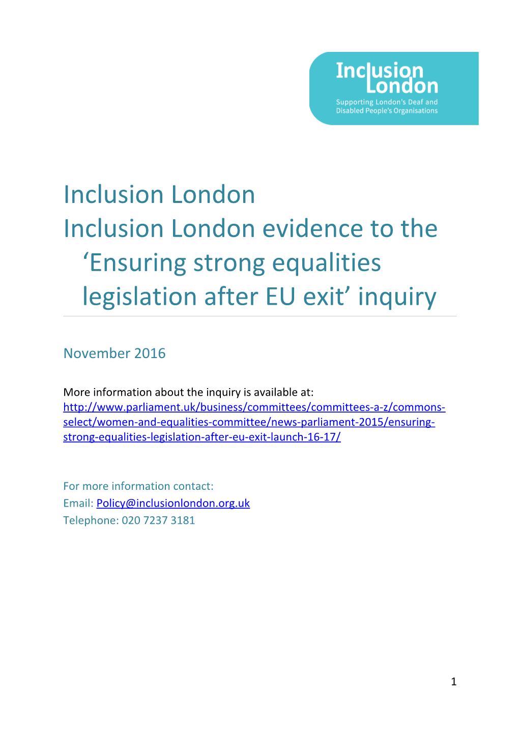 Inclusion London Evidence to the Ensuring Strong Equalities Legislation After EU Exit Inquiry