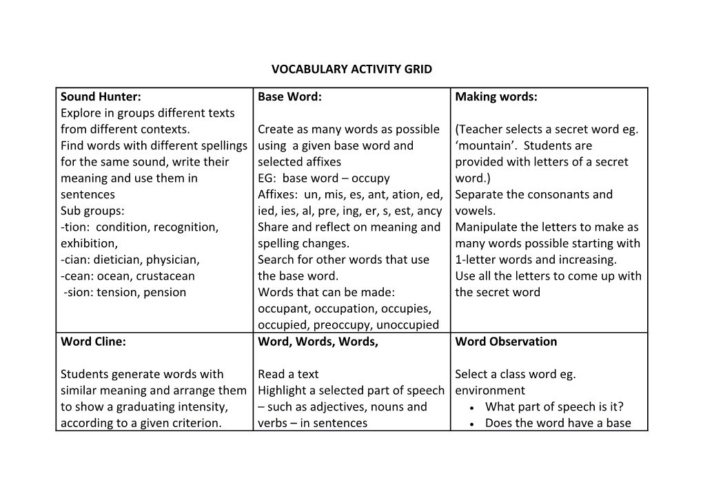 Vocabulary Activity Grid