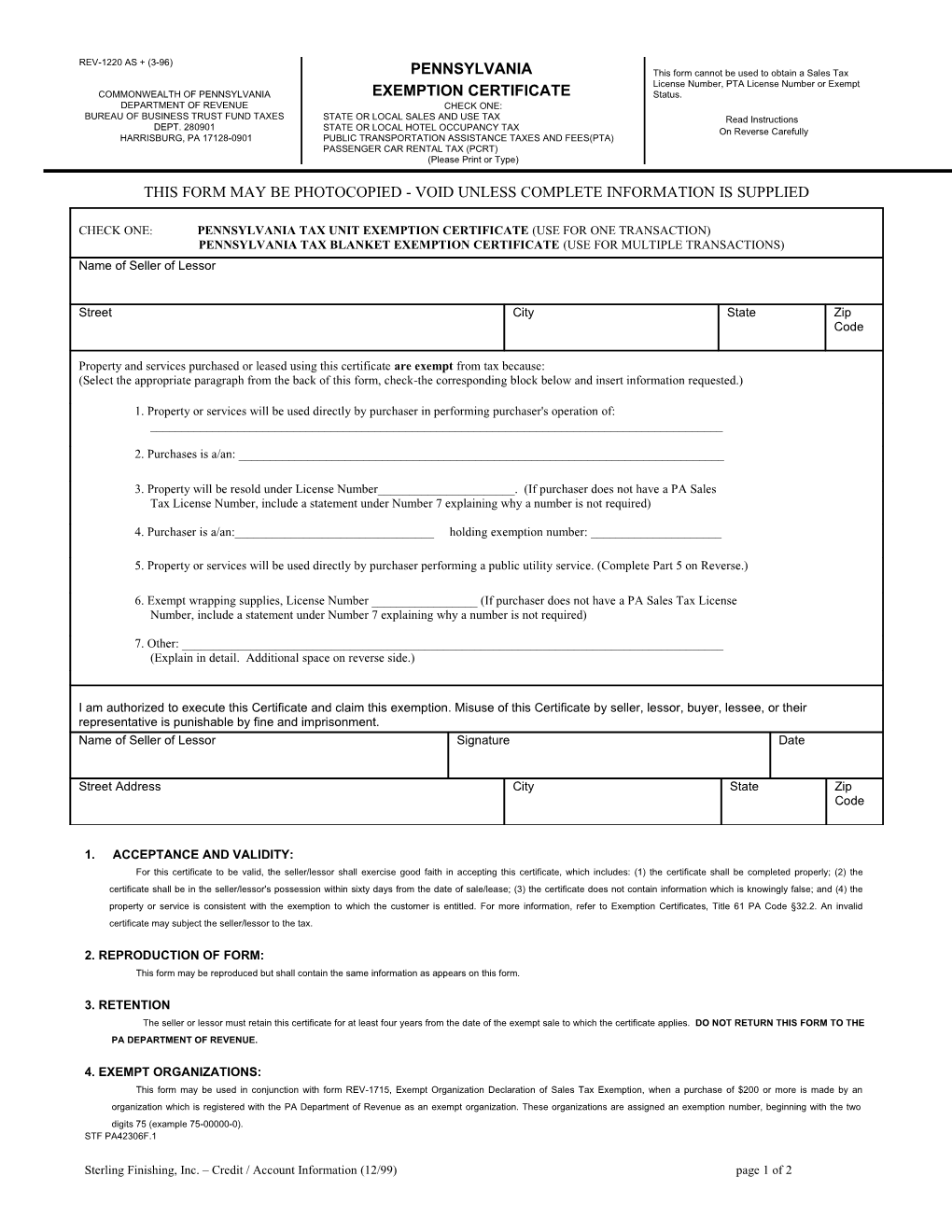 This Form May Be Photocopied Void Unless Complete Information Is Supplied