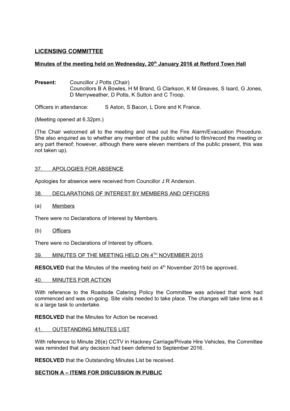 Minutes of the Meeting Held on Wednesday, 20Th January 2016 at Retford Town Hall