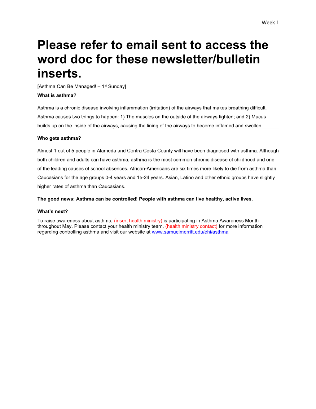 Please Refer to Email Sent to Access the Word Doc for These Newsletter/Bulletin Inserts