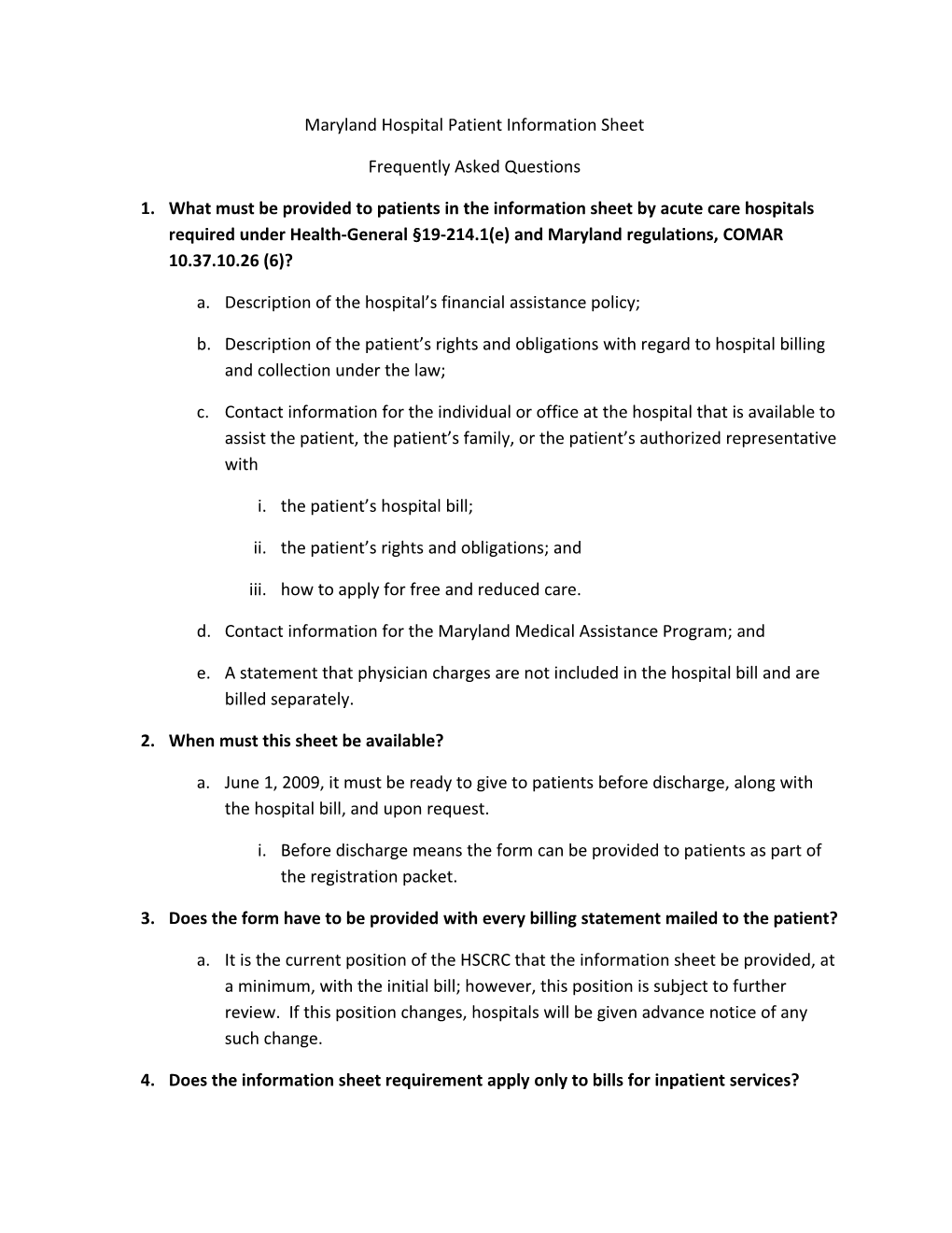 Maryland Hospital Patient Information Sheet