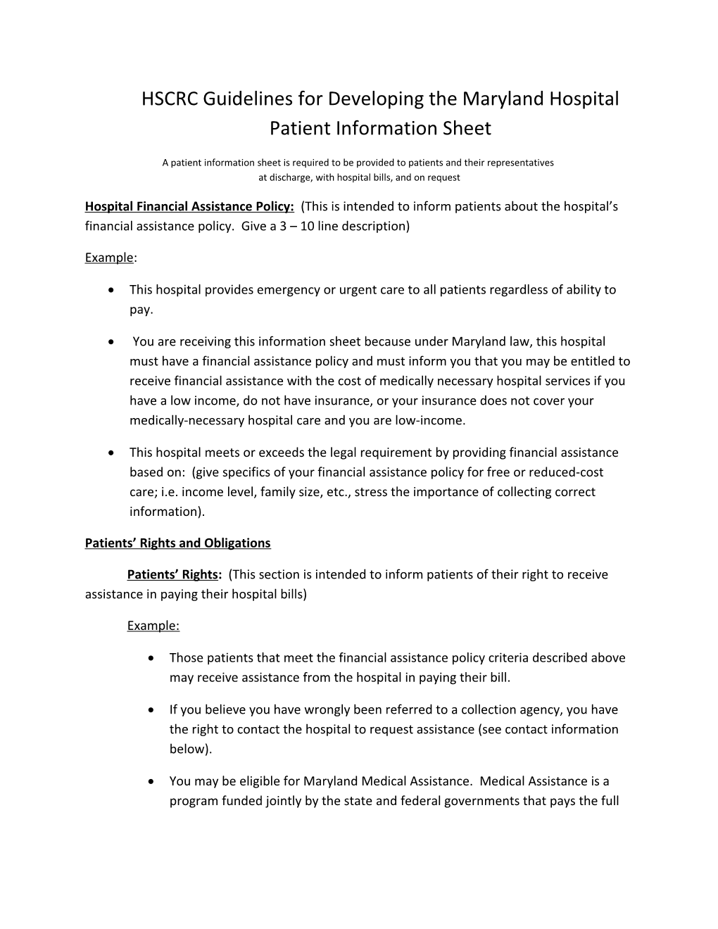 Maryland Hospital Patient Information Sheet