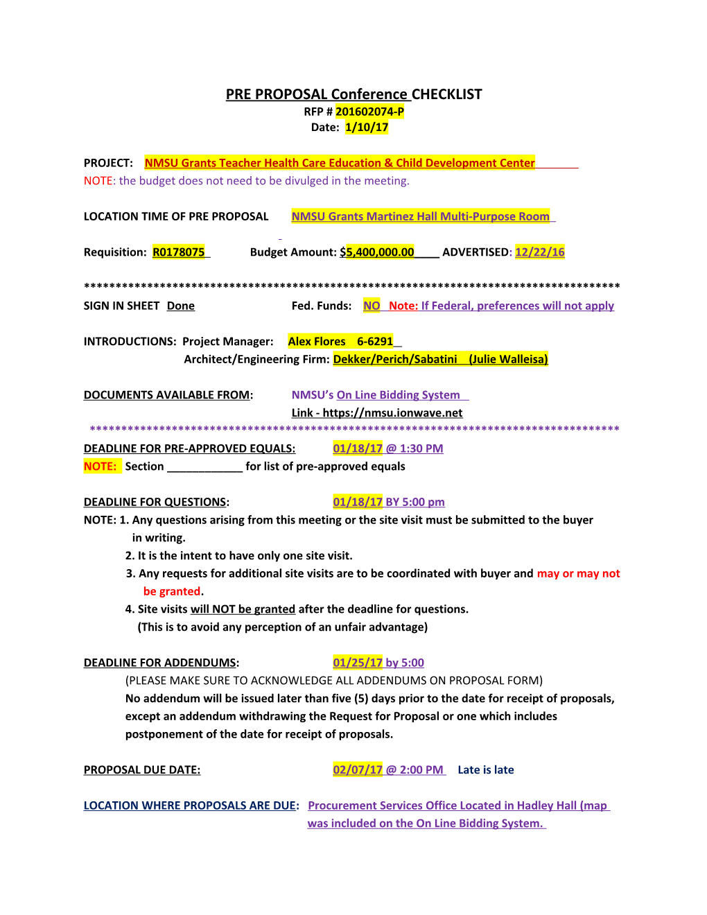 PREPROPOSAL Conference CHECKLIST