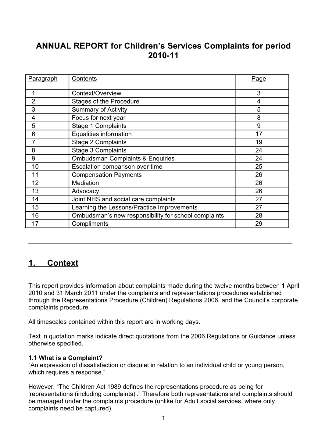 ANNUAL REPORT for Children S Services Complaints for Period 2010-11