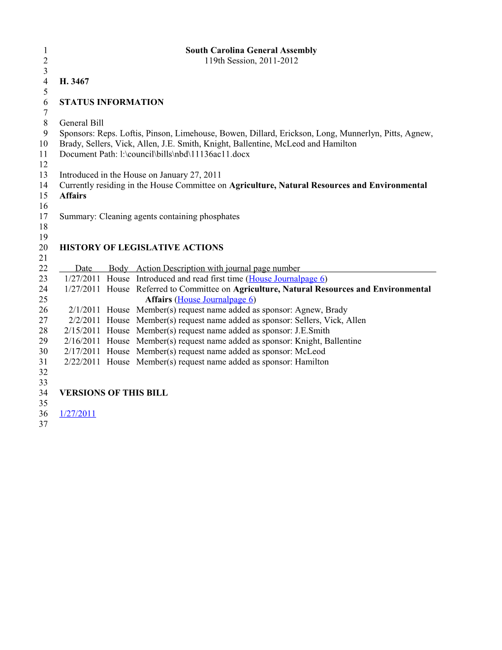 2011-2012 Bill 3467: Cleaning Agents Containing Phosphates - South Carolina Legislature Online