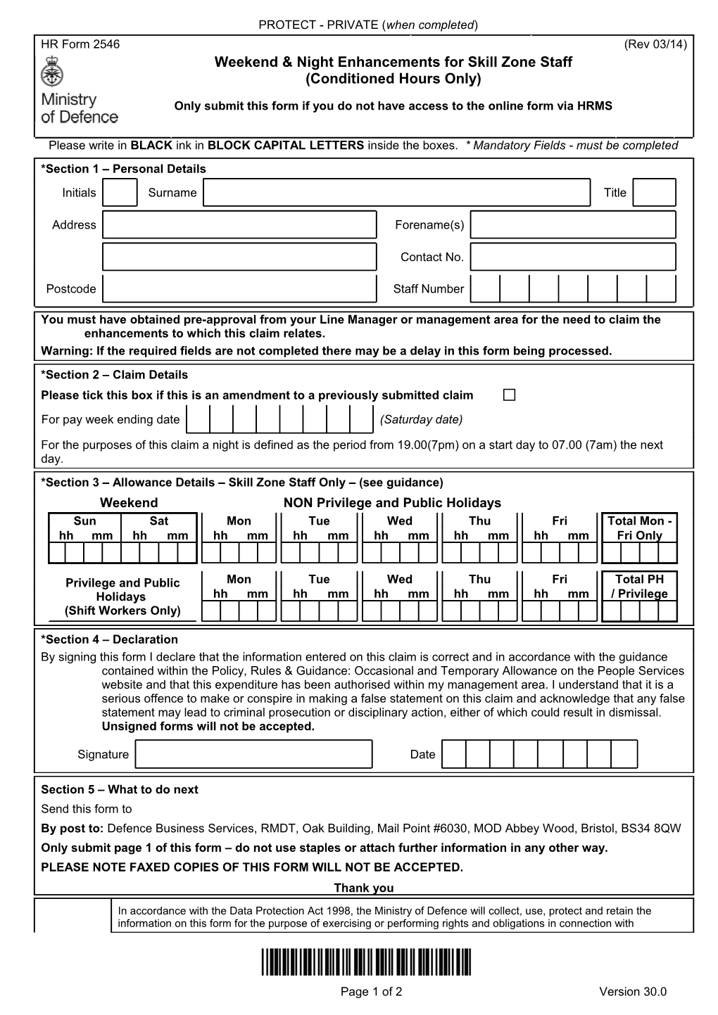 HR Form 2546: Weekend & Night Enhancements for Skill Zone Staff (Conditioned Hours Only)