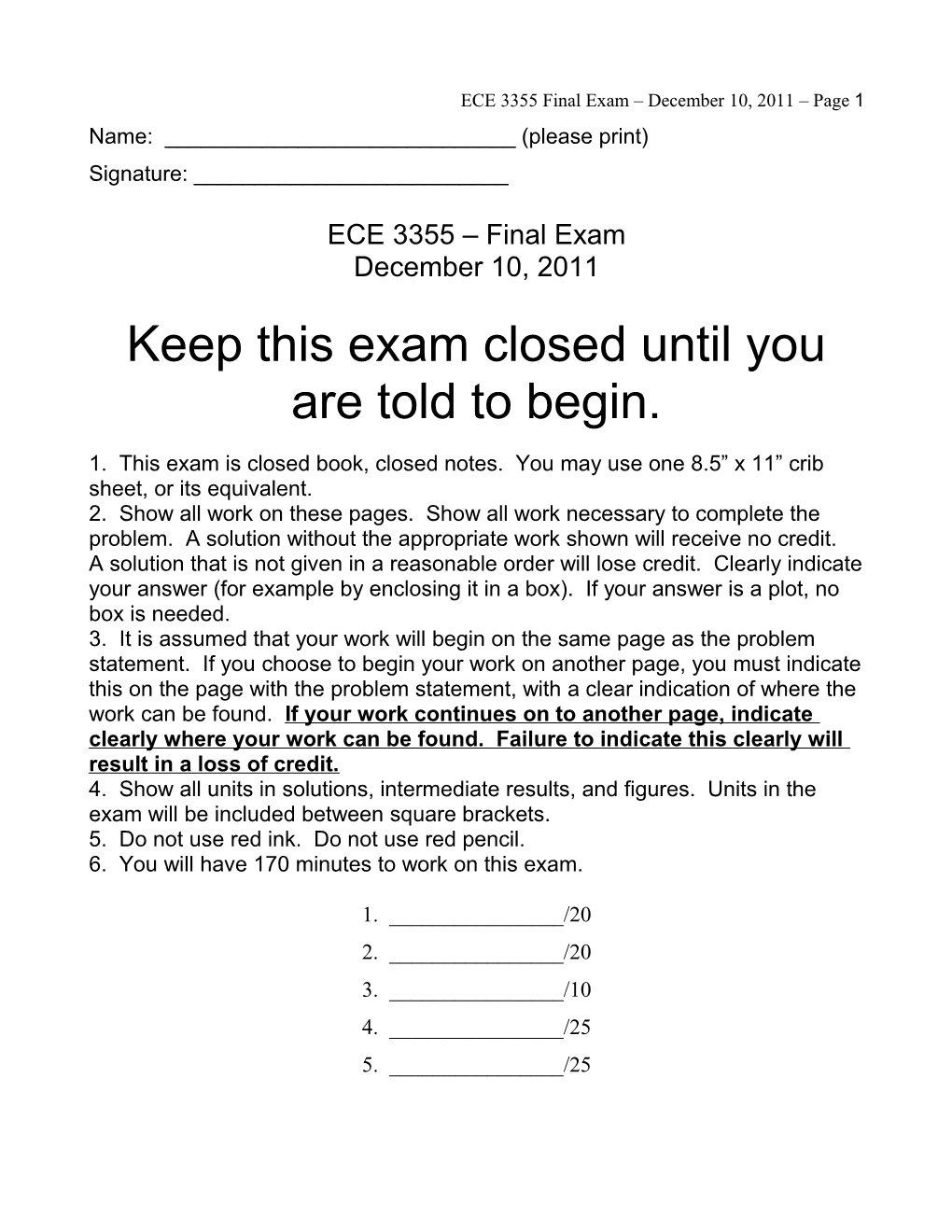 ECE 3355 Final Exam December 10, 2011 Page 1