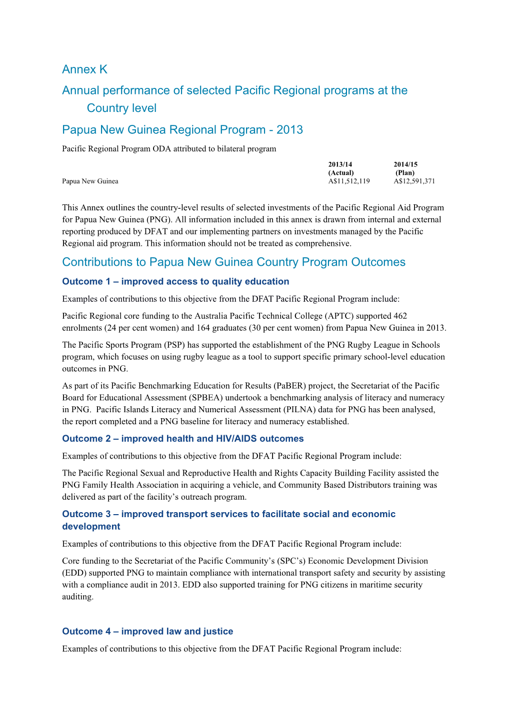 Annual Performance of Selected Pacific Regional Programs at the Country Level