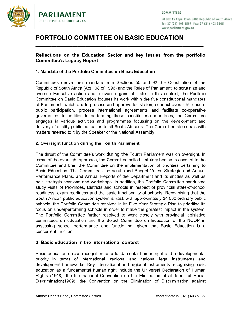 1. Mandate of the Portfolio Committee on Basic Education