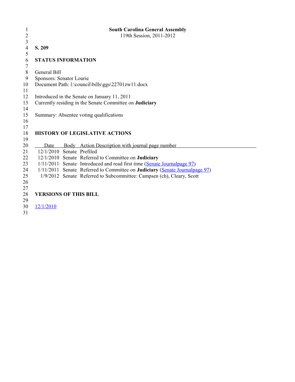 2011-2012 Bill 209: Absentee Voting Qualifications - South Carolina Legislature Online