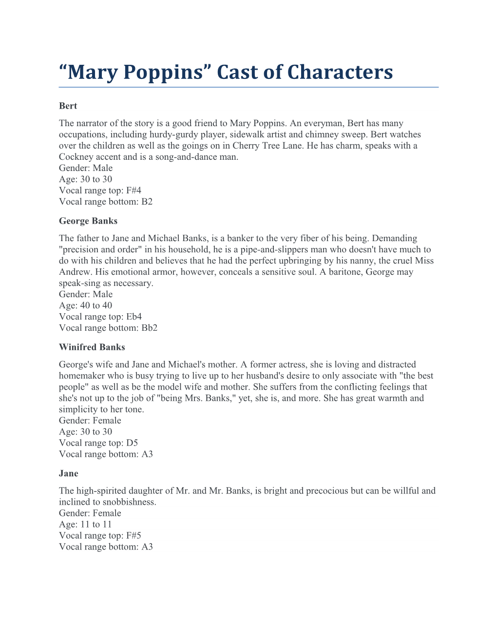 Mary Poppins Cast of Characters