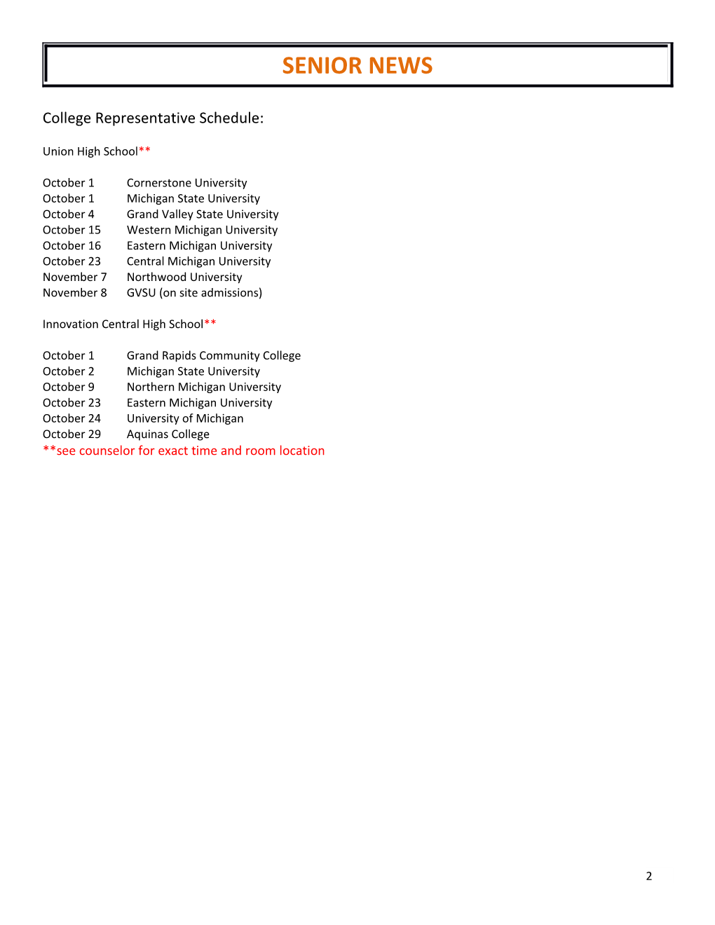 College Representative Schedule