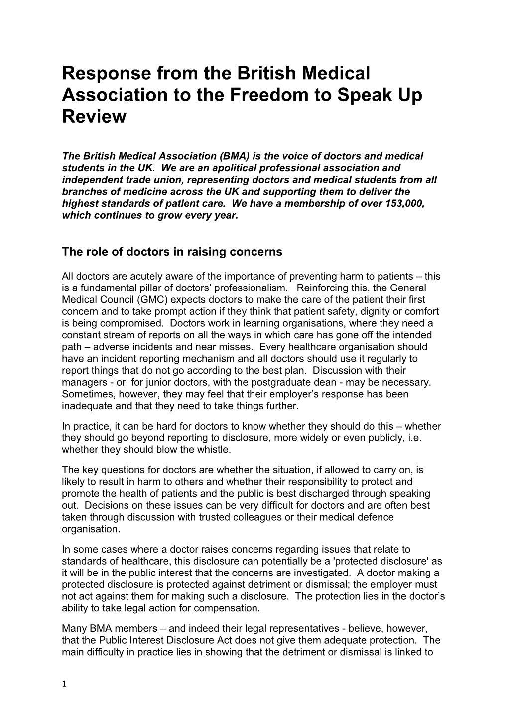 Response from the British Medical Association to the Freedom to Speak up Review