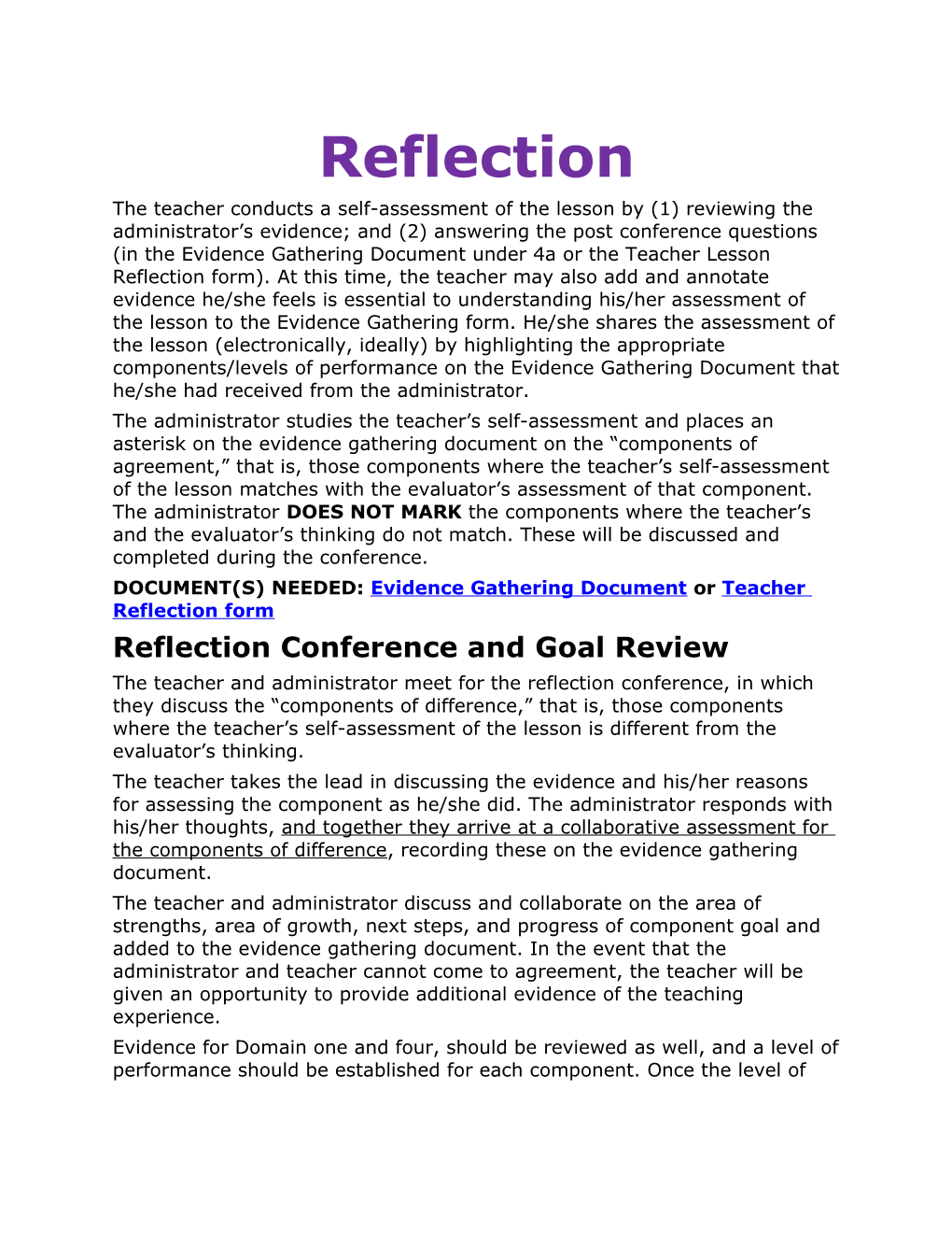 DOCUMENT(S) NEEDED: Evidence Gathering Document Or Teacher Reflection Form