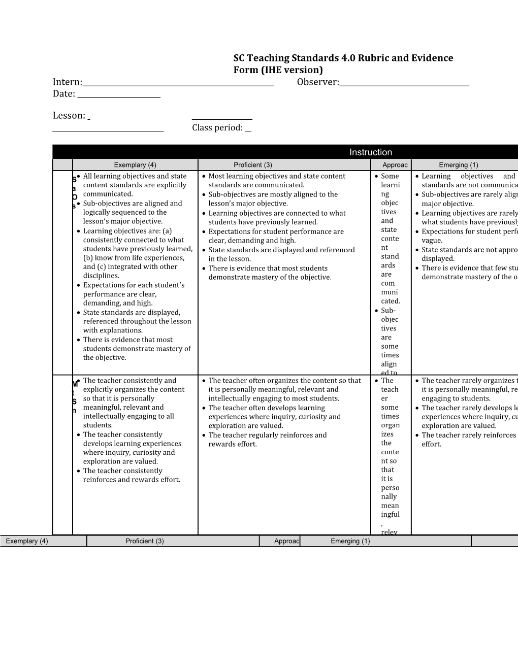 SC Teaching Standards 4.0 Rubric and Evidence Form (IHE Version)