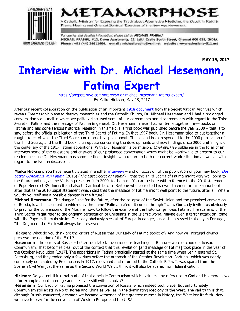 Interview with Dr. Michael Hesemann, Fatima Expert