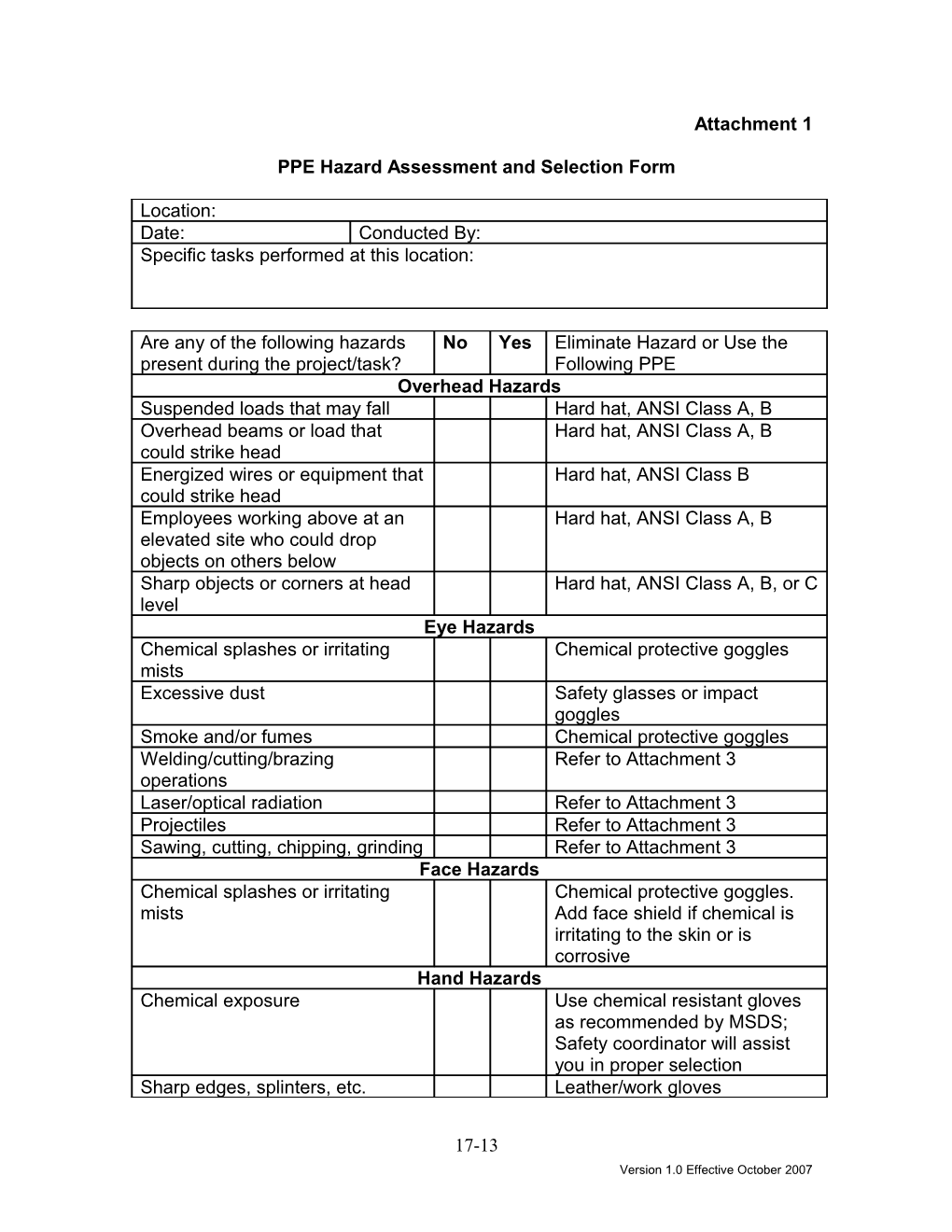 Attachment 1 - PPE Hazard Assessment and Selection Form