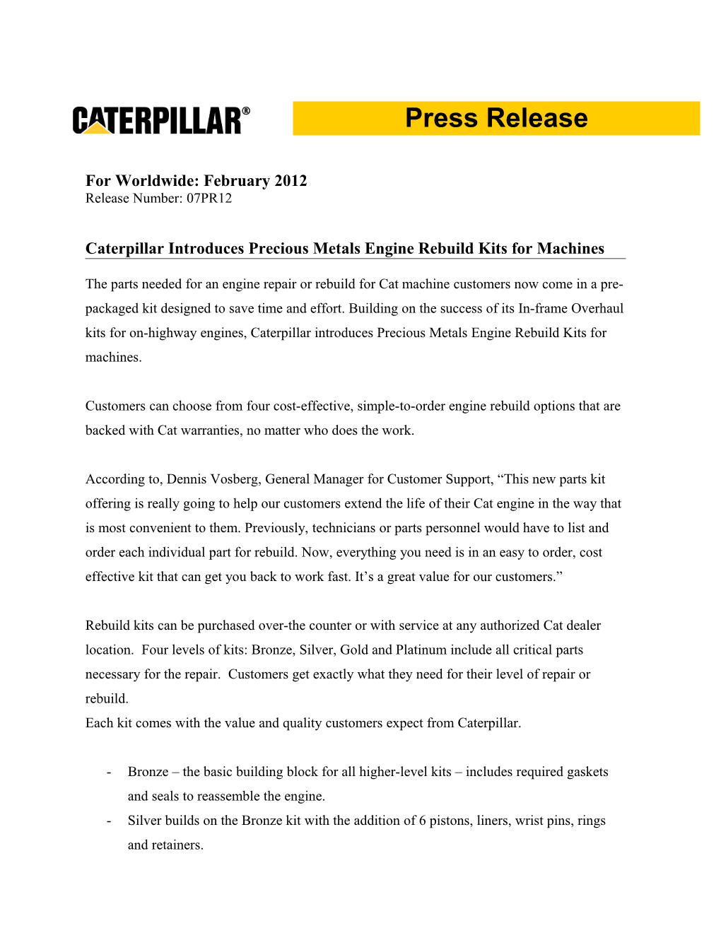 Caterpillar Introduces Precious Metals Engine Rebuild Kits for Machines