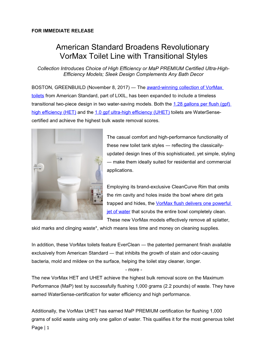 American Standard Broadens Revolutionary Vormax Toilet Line with Transitional Styles