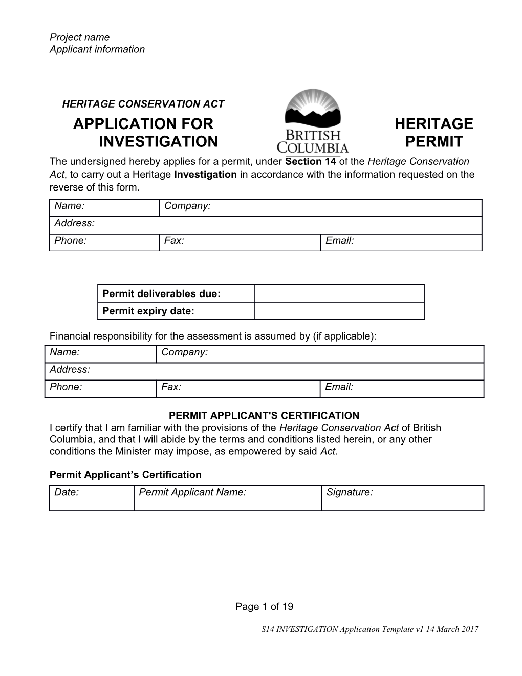 Application for Heritage Investigation Permit