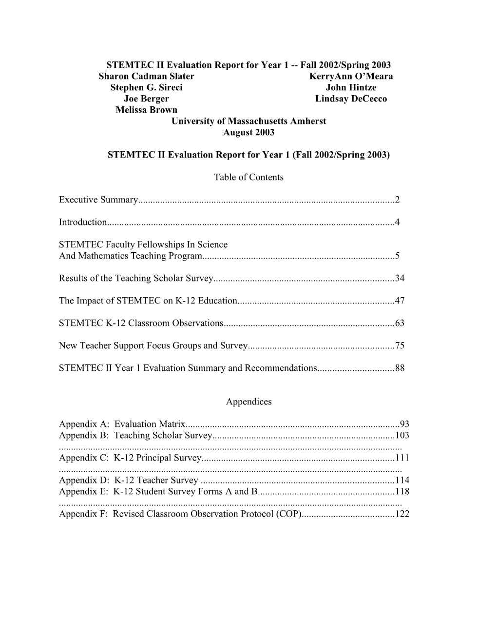 STEMTEC II Evaluation Report for Year 1 Fall 2002/Spring 2003
