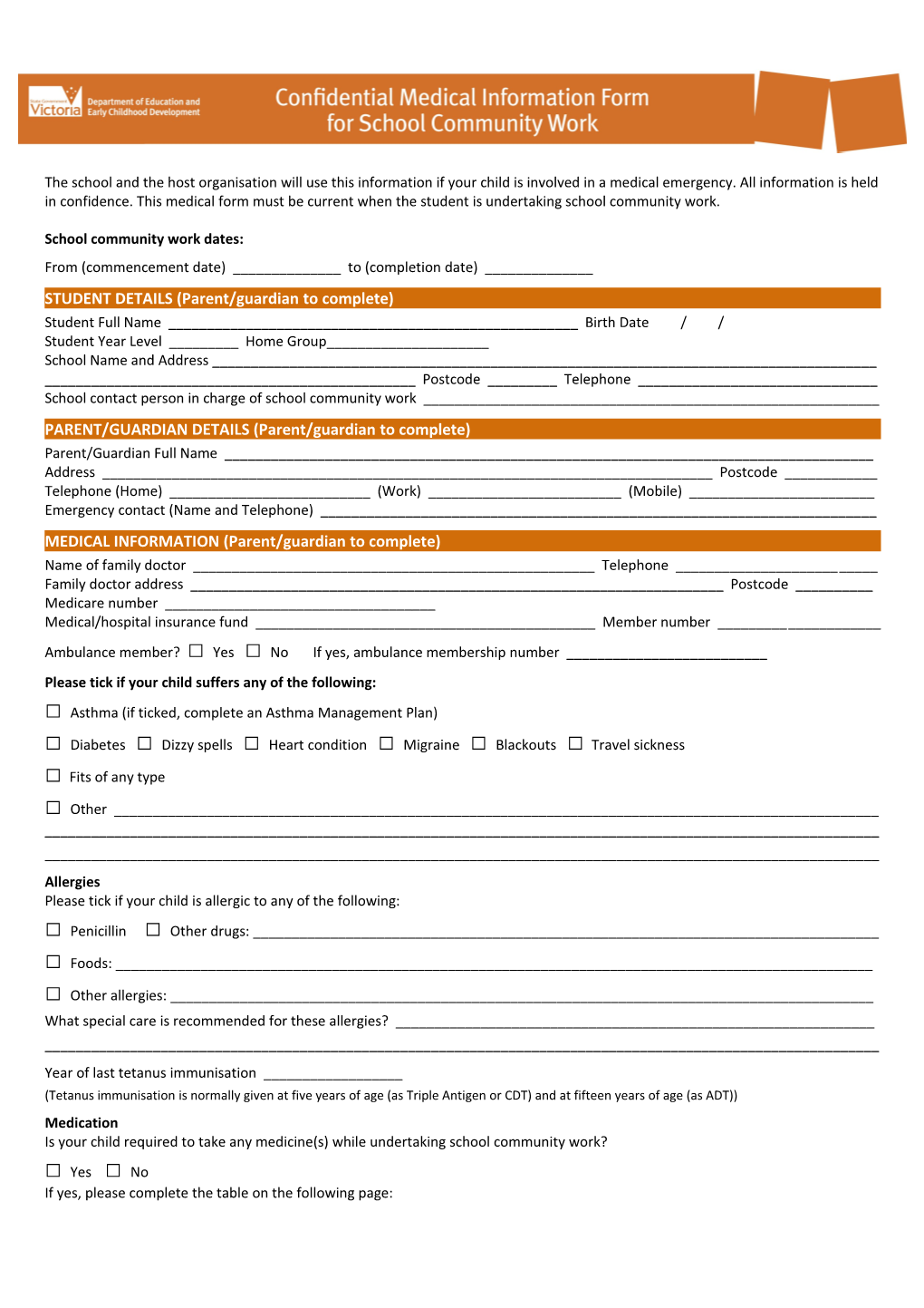 Confidential Medical Form for School Community Work