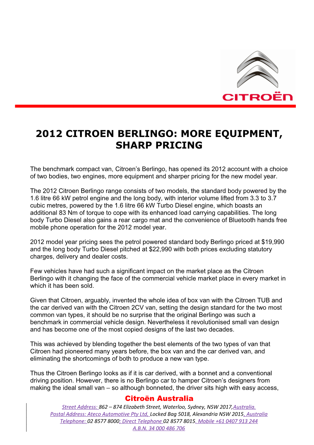2012 Citroen Berlingo: More Equipment, Sharp Pricing