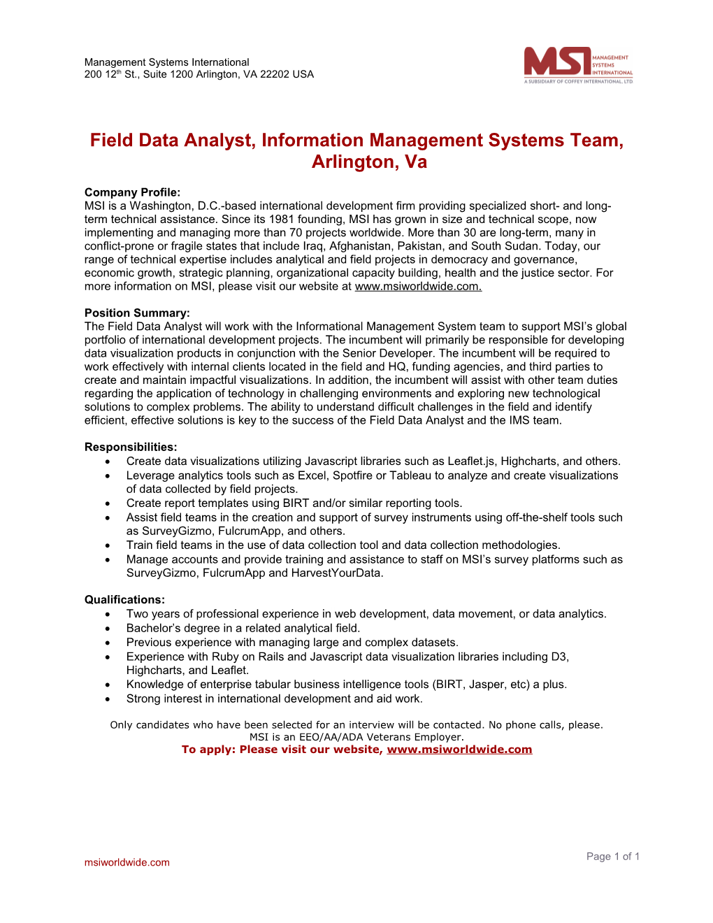 Field Data Analyst, Information Management Systems Team, Arlington, Va