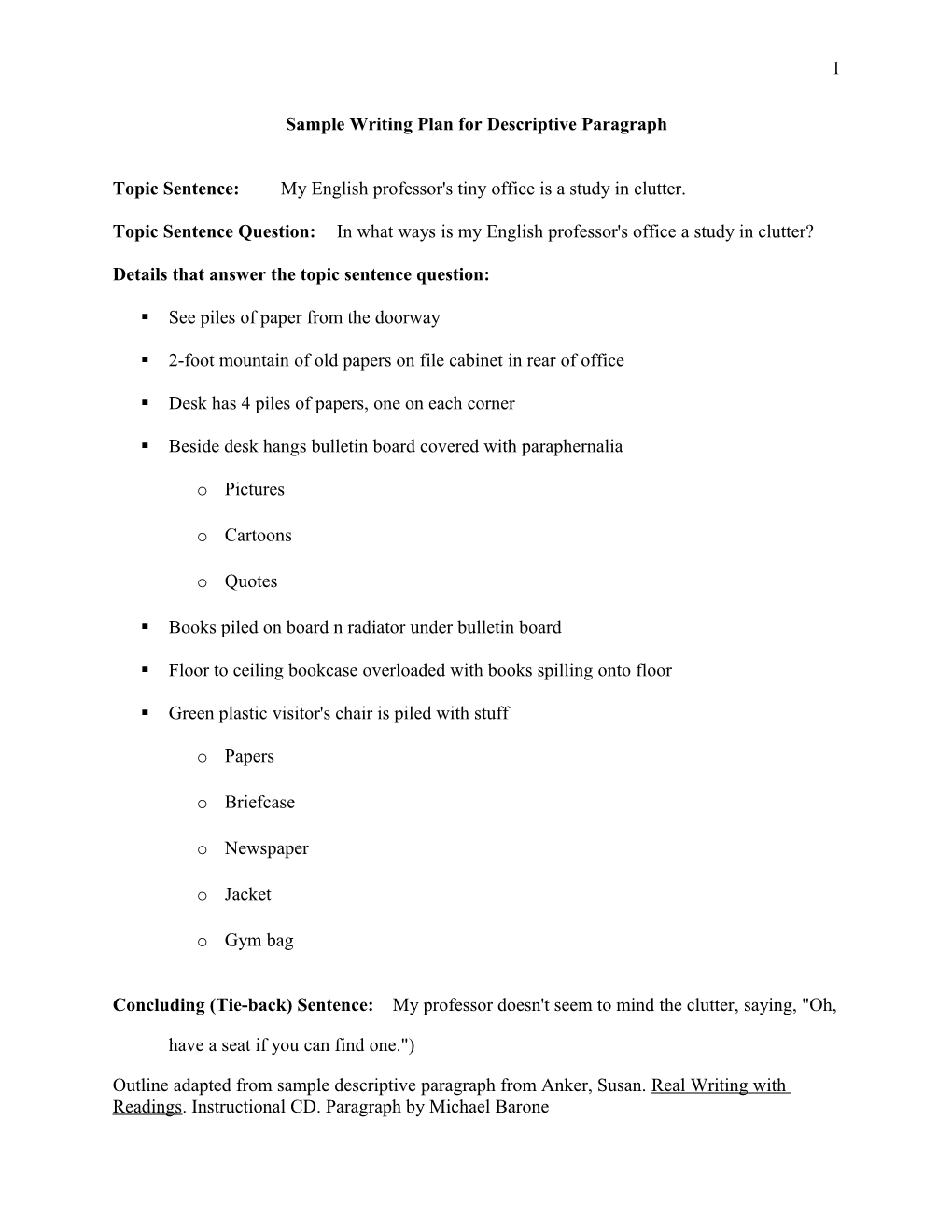 Sample Outline for Descriptive Paragraph